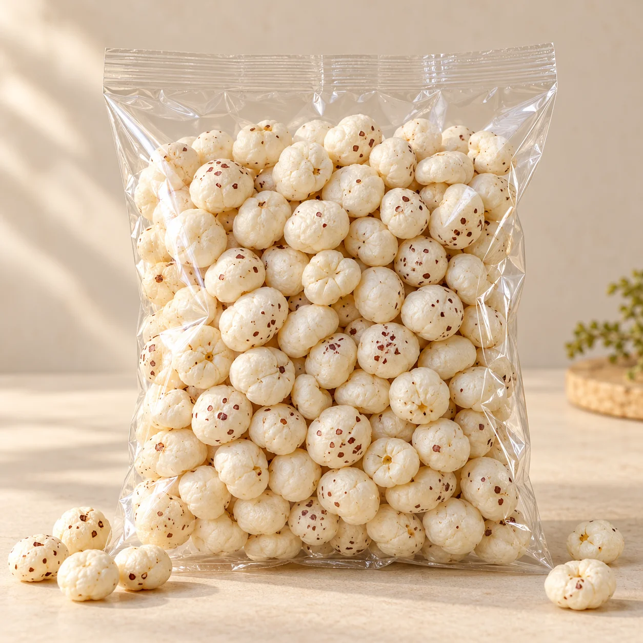 Super Premium Makhana in a plain transparent packet — temporary generated photo