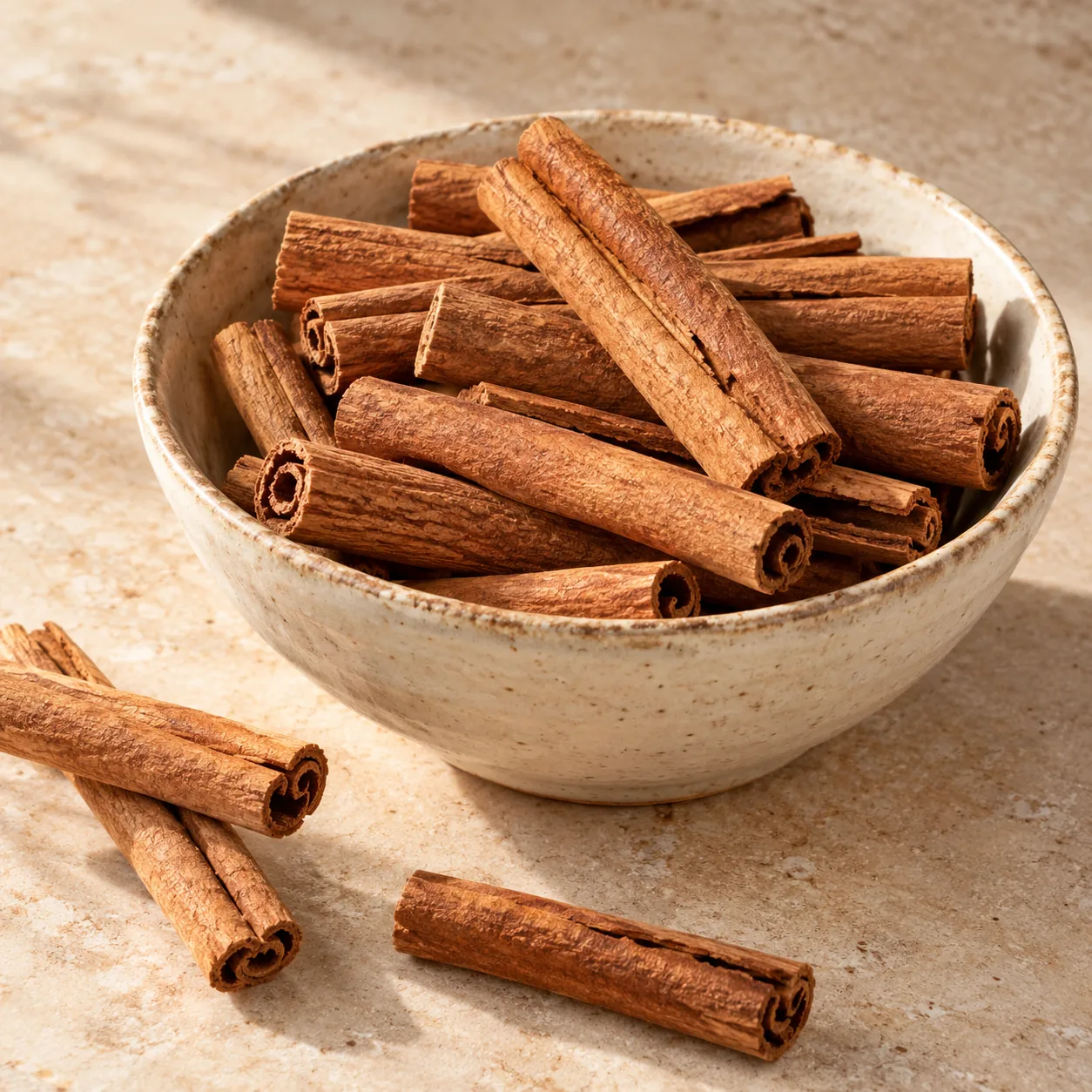 Cinnamon (Dalchini) in a ceramic bowl — temporary generated photo