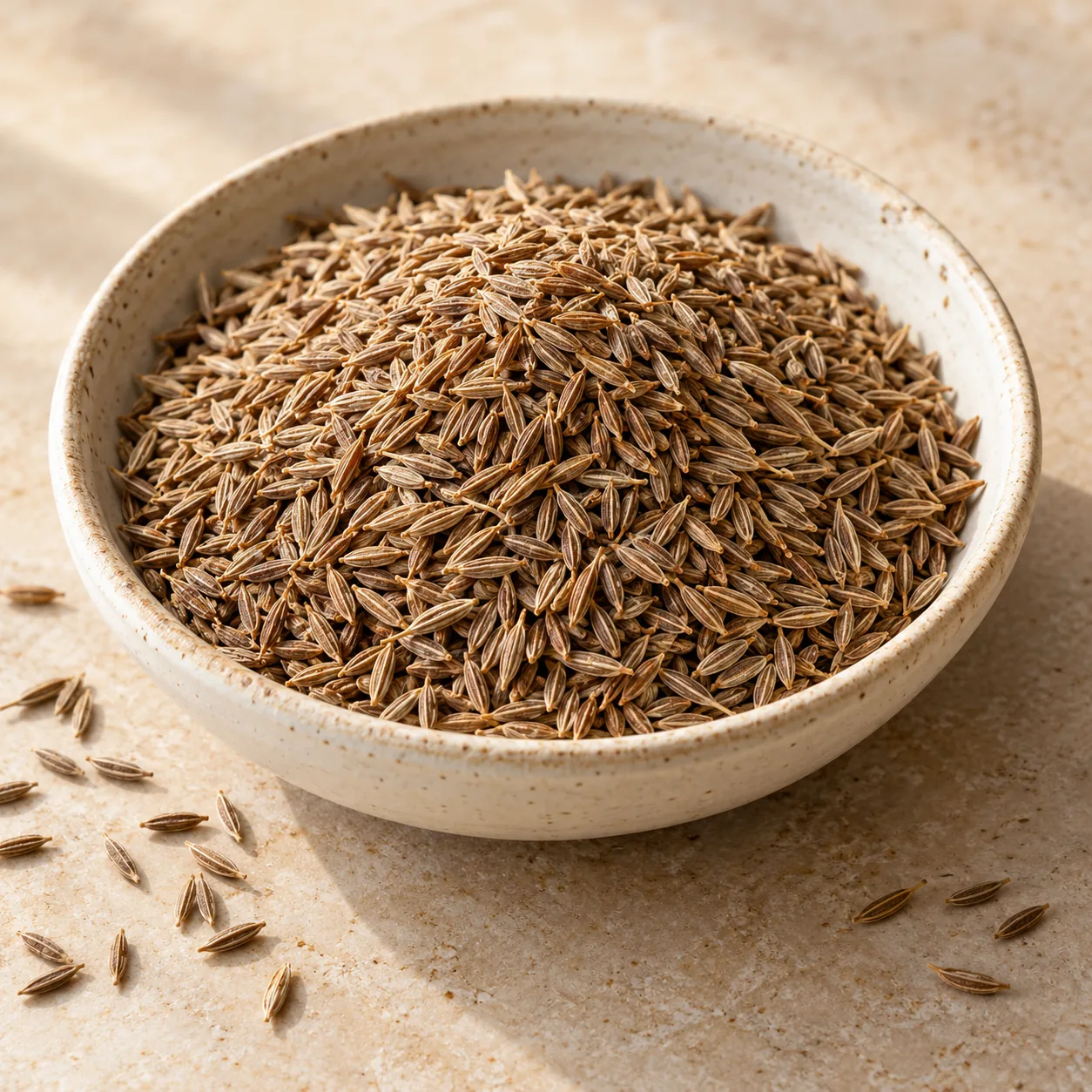 Cumin (Jeera) in a ceramic bowl — temporary generated photo