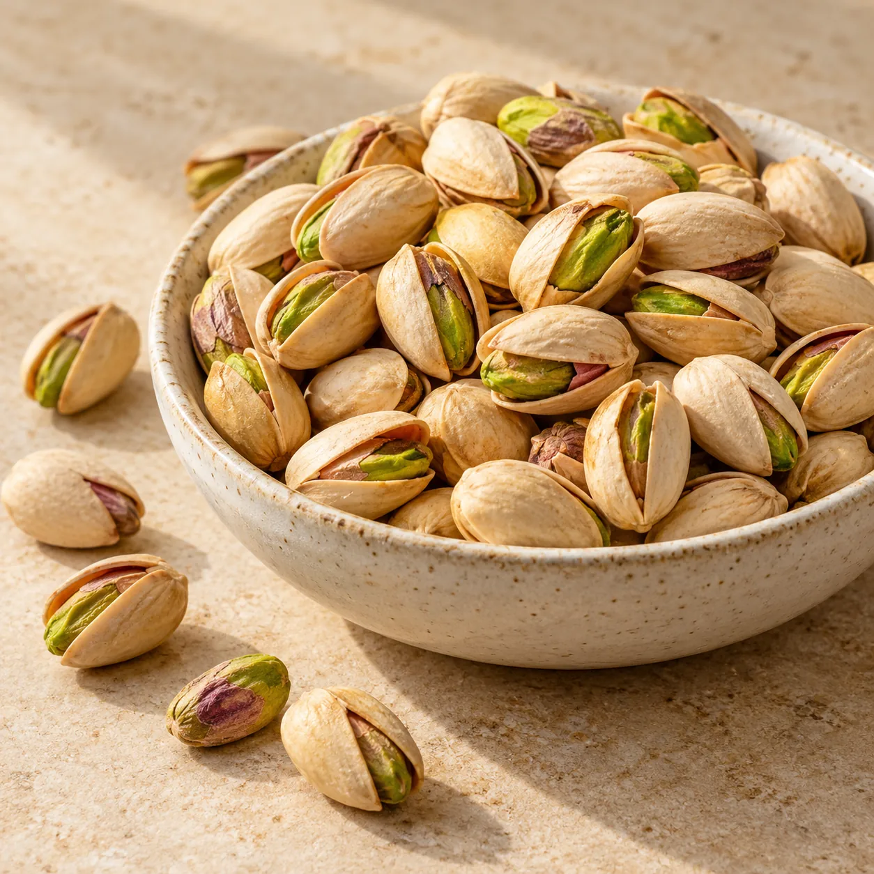 Pistachios in a ceramic bowl — temporary generated photo